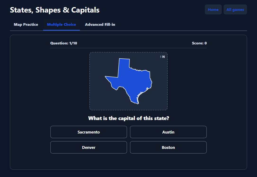 States, Shapes & Capitals in play